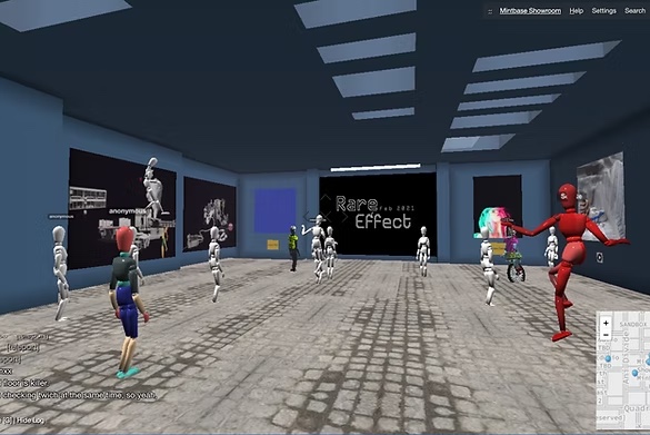 Visitors and digital artworks inside the Rare Effect virtual exhibition in Cryptovoxels in 2021